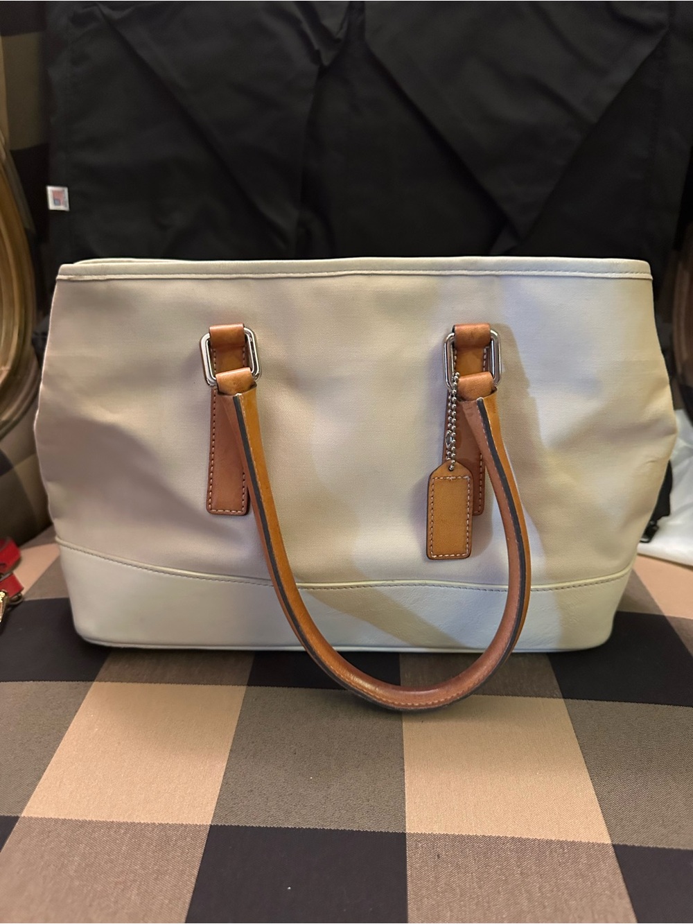 Coach Cream Tote with Tan Leather Handles